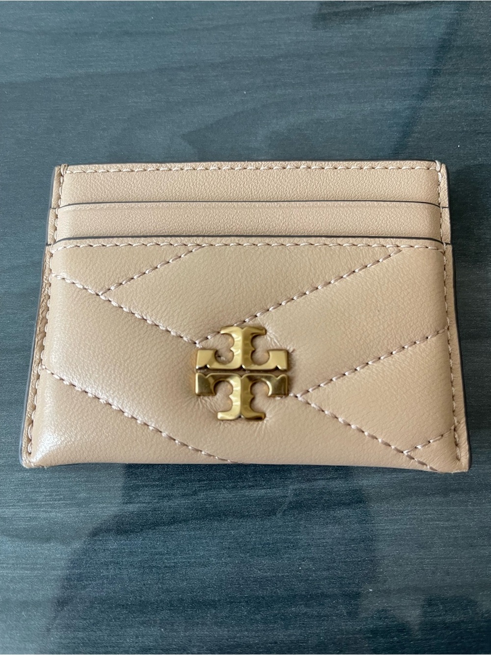 Tory Burch Quilted Leather Card Holder in Light Taupe with Gold Logo